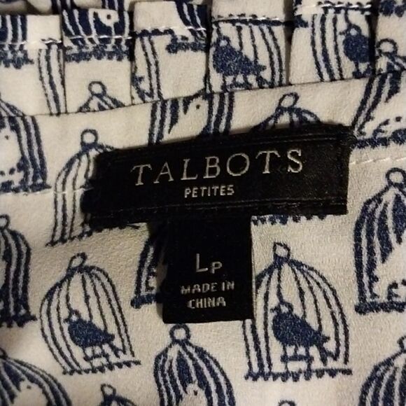 Talbots Women   Cream & Blue Birdcage  Long Sleeves Blouse SizeL - Picture 8 of 13